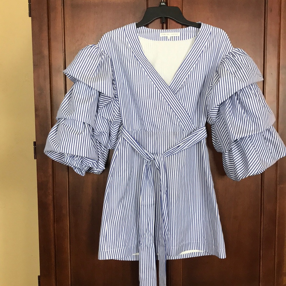 English Factory Blue Striped Puff Sleeves Dress